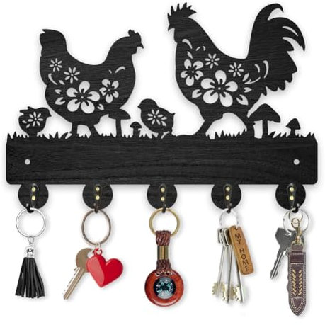 MAYJOYDIY Holz Hühnermotiv Kleiderhaken Wandhalterung Blumenmuster Hähne Hennen Küken Schlüsselhalter 30x20cm Schwarzes Tier Schlüsselhaken 5 Haken Aus Legierung als Bauernhaus Eingangsbereich