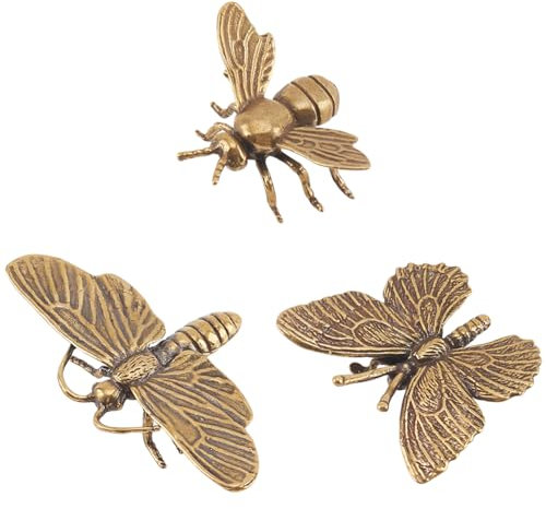 DELORIGIN 3 Stück Mini Bienen Skulptur aus Messing Bienen Deko Libelle Schmetterling Dekor Ornament Retro Honigbiene Glücksbringer Tierfiguren Statuen für Heimwerker Basteln Heim Desktop Halloween
