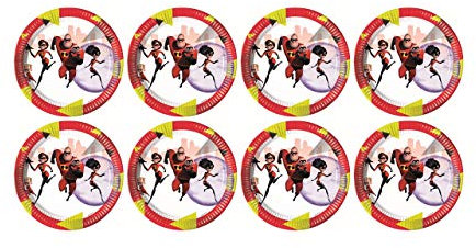 ALMACENESADAN, 5121, Pack fiesta cumpleaños; pack 8 platos de cartón 23 cm; de la licencia (increibles)