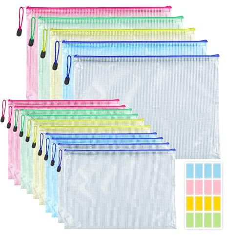15PCS Borse di File, A4 A5 Sacchetto di Zip Impermeabile, 5 Colori Mesh Sacchetto del Documento, Buste Plastica Zipper Documenti Uffici Forniture Materiale Scolastico e Cosmetici