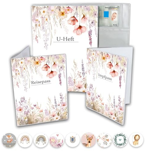 Minilino U-Heft- Impfass- und Reisepass Hülle | 3-teiliges Set | Qualitativ Hochwertige Premium Schutzhüllen tolle Geschenkidee (Blumenwunder weiss)