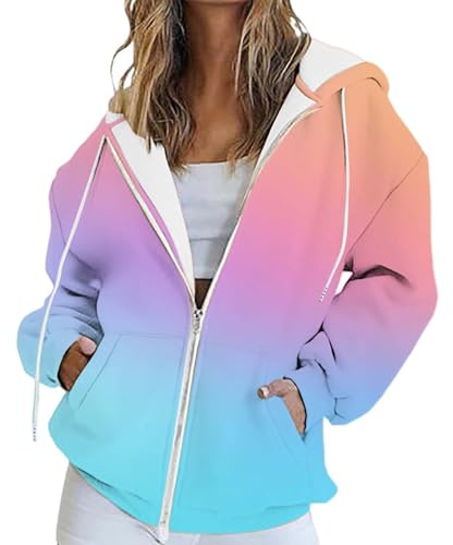 Uwdiohq Zipper Hoodie Damen, Farbverlauf Sweatjacke Mit Kapuze, Oversize Langarm Kapuzenpullover, Reißverschluss Frauen Sportjacke Sweatshirt-Jacke, Herbst Kapuzenjacke Casual Style Jacken