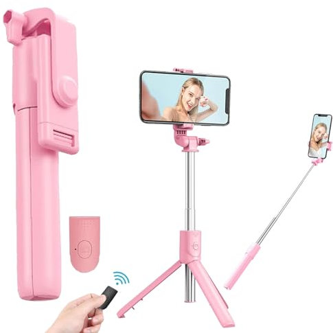 Admissioni Perche à selfie Bluetooth 6 en 1 sans fil avec télécommande et lumière pour iPhone, 3 modes d'éclairage (rose, remplissage de lumière)