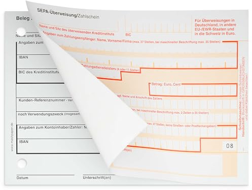 MASHPAPER SEPA Überweisungsformular ohne Quittung | ohne DE im IBAN-Feld | 500 Stück, SEPA Überweisungsträger im Format 15 cm x 4 1/6 Zoll, selbstdurchschreibend, Einzelsatz, 326211