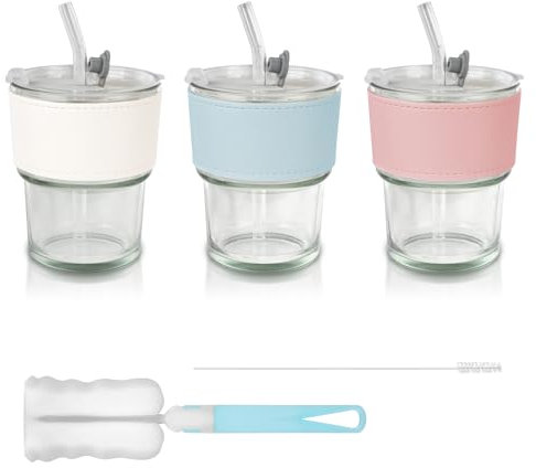 Mulaibdin 3 Pcs Cups With Lids and Straws, Iced Coffee Cup, Mug Set 380ml, Leakproof Glass Tumblers With Bottle Brush, Reusable Bubble Tea Cup for Birthday Gifts (Transparent)
