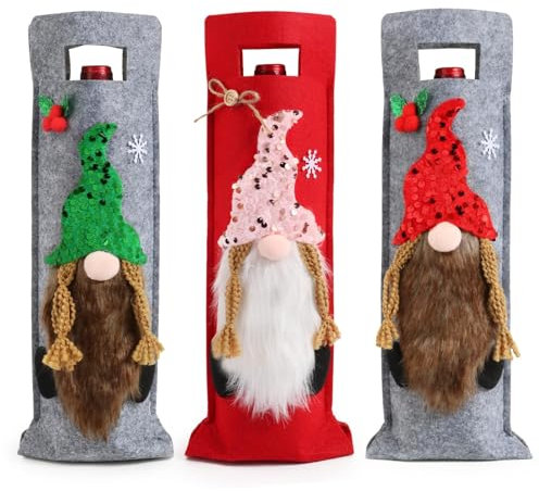 BOFUNX 3 Stücke Weihnachten Flaschenbeutel Weinflasche Abdeckung Weinflaschendeko Rotwein Taschen Weinverpackung Geschenkverpackung für Weihnachten Party Tischdekoration
