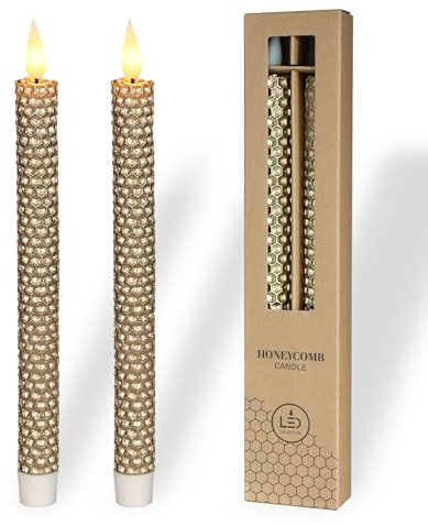 comforder Echtwachs LED Kerzen mit flackernder Flamme (2er Set), elektrische Stabkerzen mit Timerfunktion, Kerzen batteriebetrieben, Bienenwaben-Optik (Gold)