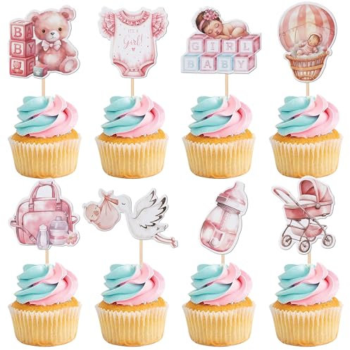 Xsstarmi 40 Pack It's a Girl Cupcake Toppers Double Sided Balloon Bottle Cupcake Picks Jumpsuit Baby Stroller Bear Cake Decorations for Gender Reveal Baby Shower Girl's Birthday Party Supplies Pink
