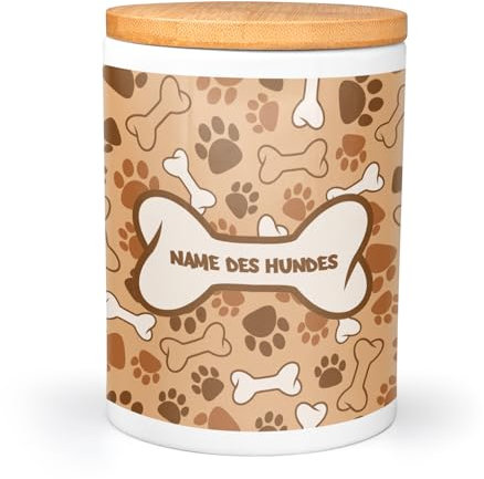 PICANOVA Personalisierte Leckerlidose für Haustiere mit Pfotendesign, 750 ml Keramikdose für Leckerlis - Mit Bambusdeckel - Geschenk für Tierliebhaber - Paws&Bones Design