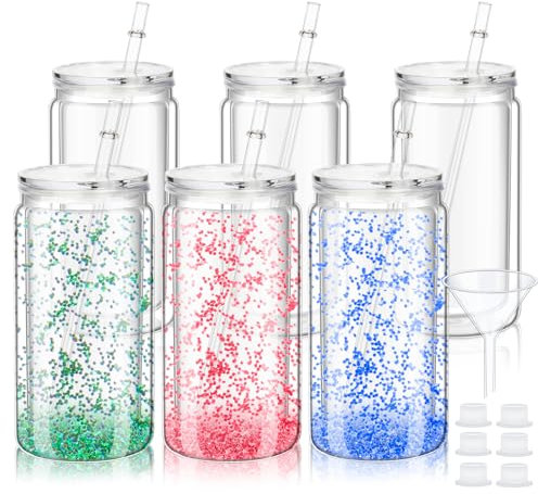 ALEXPRE 16oz Plastic Snow Globe Tumbler,6 Pack Pre-Drilled Double Wall Tumblers with Clear Lid and Straw,Snow Globe Cups Plastic Mason Jar Mug for Snow Globe Glitter DIY Gift (Clear Lid)