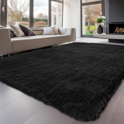 Treeboy Hochflor Teppiche Schwarz Teppich Wohnzimmer 140x200 Waschbar | Wohnzimmerteppich Flauschiger Teppich Waschbar Anti-Rutsch Extra Große Carpet Teppichen für Schlafzimmer Kinderzimmer