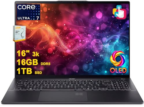 acer Swift 16 AI Copilot+ PC Laptop | 16 3k OLED Touch 100% DCI-P3 | Intel 8-core Ultra 7 Series 2 256V Up to 47 Tops | 16GB DDR5 1TB SSD | Backlit Fingerprint QHD IR Camera Win11 w/DLCA Accessory