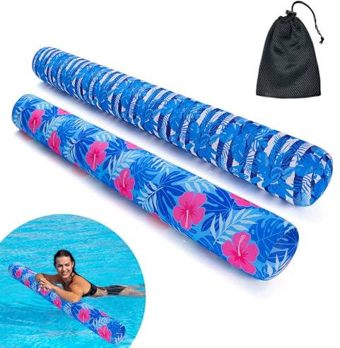Inflatable Swimming Pool Noodle, 2 Pack Soft Fabric Quick Drying Covered Large Pool Floats Noodles, Premium Buoyancy Swim PoolFloats with Portable Storage Bag for Pool Party Toy(Tropical/Plants)