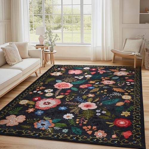 Waschbarer Wohnzimmerteppich Vintage Blumenmuster, 140x200cm, Schwarz | Teppich Niedriger Flor, Rutschfest, Weiche, Groß Teppiche für Wohnzimmer Schlafzimmer Bauernhaus Esszimmer und Kinderzimer