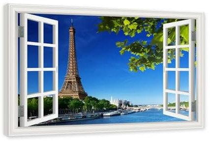 Quadro su Tela Finestra. 3D Finestra Finta Paesaggio Stampe su Tela. Quadri Moderni Soggiorno. (Paris Eiffel Tower View 15). 70x105cm Frame interno