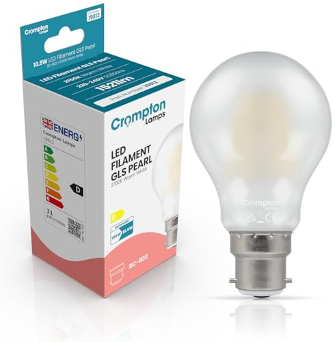 Crompton Lamps Filament GLS LED Light Bulb BC-B22d | 10.5W = 100W Equivalent | Warm White 2700K | Energy Efficient | Bayonet Lightbulb | Long Life 15,000-Hrs | Pearl Glass