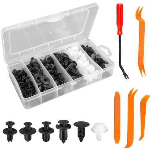 105 Piezas Universales Grapas Coche 6 Tamaño Remaches Plastico con 5 Herramientas Desmontaje Coche Clips de Fijación para Coche, Clips Remaches Plástico Coches para la Mayoría de los Modelos