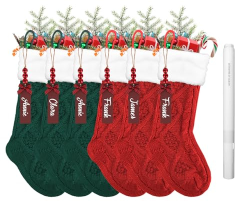 QBEJIME 6pcs Personalised Christmas Stockings, Hanging Large Christmas Stocking, 18 Inch Knitted Xmas Stockings Decorations With Name Tags Marker Pen For Xmas Fireplace Tree Decorations (Red +Green)