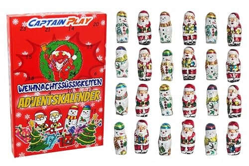 CAPTAIN PLAY Weihnachts Süßigkeiten Adventskalender 2025 mit 24 Schokoladenfiguren, Süßigkeiten Geschenkidee für Kinder und Erwachsene mit 168g, ausgefallene Weihnachtsdeko