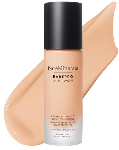bareMinerals BAREPRO 24H Matte Flüssige Mineral-Foundation SPF 20, 30ml | Atmungsaktive Formel verbessert das Hautbild und bietet unsichtbare, volle Deckkraft mit natürlichem mattem Finish.
