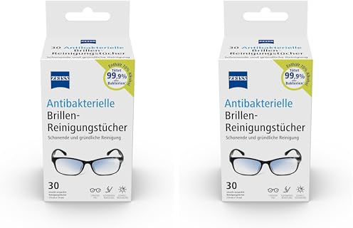 Zeiss Brillen-Reinigungstücher antibakteriell 30 Stück, schnell trocknende Rezeptur, entfernt Bakterien, Fingerabdrücke, Schmutz, Staub & Fett, jedes Tuch einzeln verpackt (Packung mit 2)