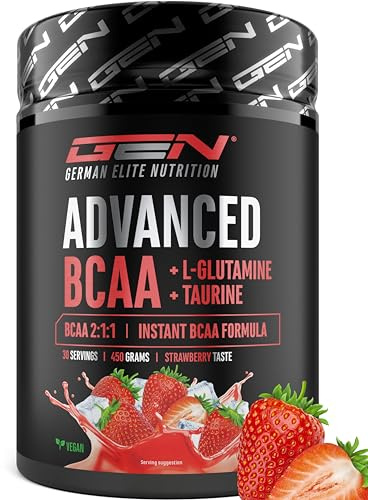 GEN GERMAN ELITE NUTRITION BCAA Performance - 450 g de Poudre - Ratio 2:1:1 | Strawberry - BCAA Instantanés + L-Glutamine + Taurine - Délicieux & Super Soluble - Acides Aminés Végétaliens