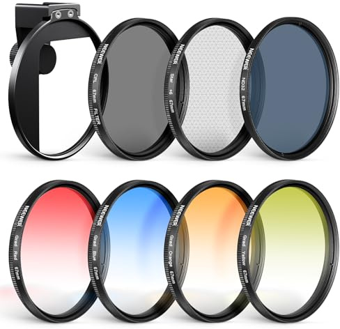 NEEWER 67mm ND Filter Set mit Cold Shoe Handy Clip Filterhalterung, 7er Pack 4x Verlaufsfilter+Sternfilter+ND32+CPL Objektivfilter, kompatibel mit iPhone 17 16 Android Samsung Galaxy S26 Ultra, FL-P15