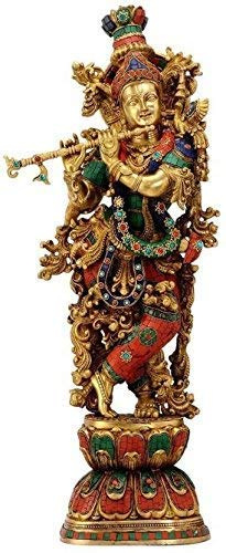 Large Standing Brass Krishna Statue | Krishna Murti Multicolor with Flute (H-29 Inchs)