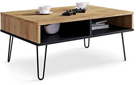 Viosimc Couchtisch für Wohnzimmer, Eicheneffekt und Schwarz Industriesofa Beistelltisch, Rechteckiger Mitteltisch mit stilvollen Metallbeinen, Stilvoller Moderner Mitteltisch (Eiche - Schwarz)