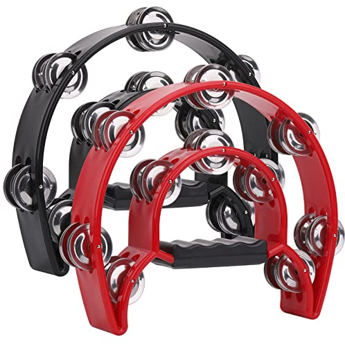 2 Stück 25.4 cm zweireihiges Tamburin für Erwachsene, Halbmondmusikisches Tamburin 20 Metallschellen Hand-Percussion-Trommel, Schwarz und Rot, Schwarz