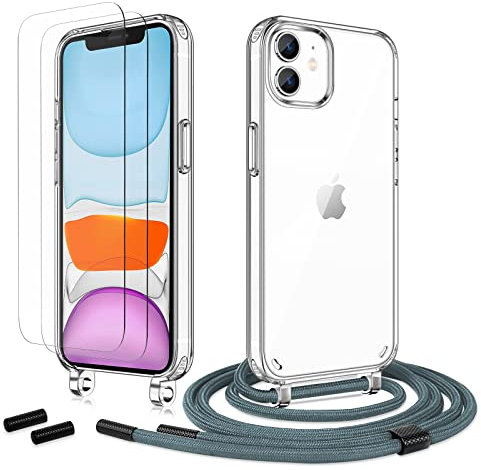 Anshow Handykette für iPhone 12/12 Pro Hülle mit Band + 2 Schutzfolie, Robust Necklace Extrem Stoßfest Handyhülle iPhone 12/12 Pro Case Transparent Schutzhülle zum Umhängeband Abnehmbar, Silber