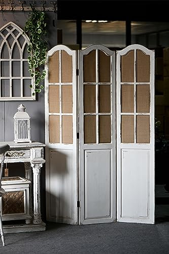 Solid Wooden 3 Panel Room Dividers and Folding Privacy Screens, Handcrafted Rustic 6Ft Tall Room Divider Wall, Wood&Linen Unique Freestanding Room Partition White, Privacy Panel for Bedroom Outdoor
