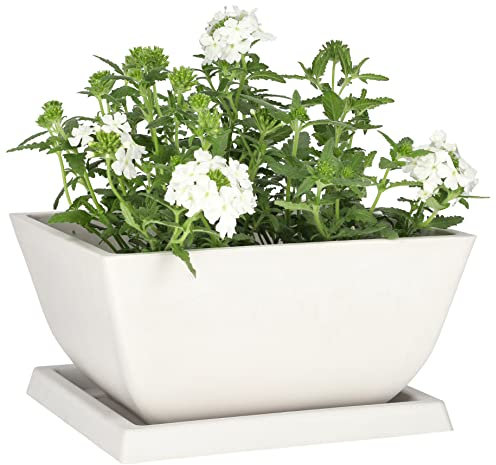 KOTARBAU® Maceta de Materiales reciclados 25 x 25 cm, Maceteros reciclados, Macetero con Plato, Macetero Cuadrado, Macetero Blanco Reciclado, Maceta ecológica, Tiesto para Plantas para Exteriores