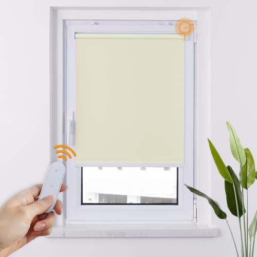 HOMEDEMO M100 Elektrische Rollos Verdunkelungsrollo mit Motor & Fernbedienung, Creme 85x120cm(BxH), Smart Rollo ohne Bohren klemmfix & mit Bohren, Sonnenschutz Sichtschutz Rollo für Fenster