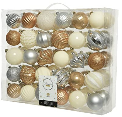 Kaemingk Weihnachtskugeln Kunststoff 6-7cm x 60 Stück Ornamente Mix Christbaumkugeln Set Silber Wollweiß Karamel