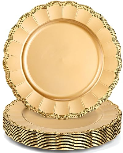 Kingrol 6 Pack 13 Inch Gold Charger Plates, Glam Dinner Chargers, Heavy Duty and Reusable Plastic Plates for Wedding Anniversary Christmas Party Table Setting