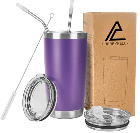 CherryKelly 20oz (550ml) Insulated Travel Tumbler Mug Stainless Steel Vacuum Coffee Cup with 2 Leak-Proof Lids & Straws, BPA-Free, Hot & Cold, Commute, Gym, Office - Purple