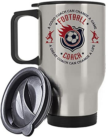 Getagift Football Gift, A Good Coach Can Change a Life, Best Coach Gift, Football Game Christmas Silver/White Insulated 14oz Travel Tea/Coffee Mug. (Silver)