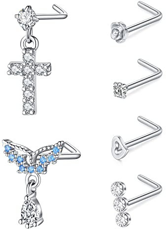 VFUN Nasenpiercing Stecker 20G Chirurgenstahl Kreuz Diamond CZ L Form Silber Flügel Nasenpiercing