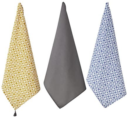 Penguin Home Set of 3 Recycled cotton Tea Towels, Eco Friendly Sustainable kitchen towels with tassels on both corner Size - 50x70 cm Colour - Grey,Ochre & Blue Dish Towels