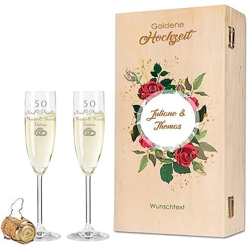 Leonardo Sektgläser mit Gravur - Goldene Hochzeit 50 Jahre - Personalisiert mit Namen & Datum inkl. Holzkiste - Geschenk zur Hochzeit Verlobung Jahrestag - Farbe: Sekt