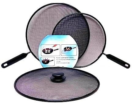 PNJB Metal Mesh Splatter Guard, Screen Cover Frying Grill, Pan Knob Lids Set Black, Mesh Splatter Screen with Heat Resistant Handle, (Pack of 3)