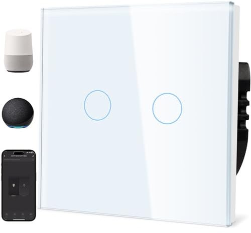 TAWOIA Smart Alexa Lichtschalter (Neutralleiter erforderlich), Wlan Lichtschalter mit Glasscheibe, Sprachsteuerung für Alexa, kompatibel mit Smart Life und Tuya App 2 Fach 1 Weg Weiß