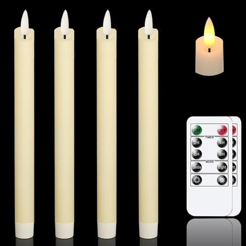 salipt LED Bougies Vacillantes sans Flamme Lot de 4, Bougies à Piles en Avec Télécommande et Minuteur, Diamètre 2 cm, Hauteur 24.5 cm - Ivoire