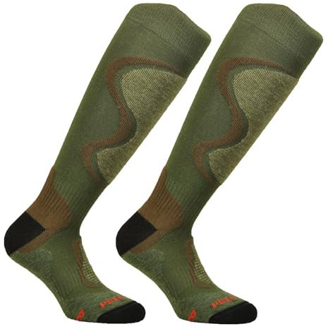 (2 PAIA) Calze tech lunghe termiche, in lana merinos- caccia & pesca – outdoor – trekking, con struttura anatomica diffrenziata -100% made in (Brescia) Italy (39-42, Verde militare)