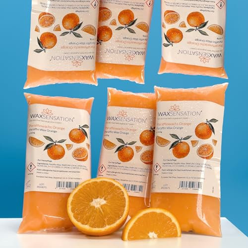 WAXSENSATION® Paraffinwachs Set Orange 6x450g – Hochwertiges Wachs zur Anwendung im Paraffinbad für Hände und Füße – ideal zur Pflege trockener Haut – veganes Paraffin-Wachs für Wachsbäder