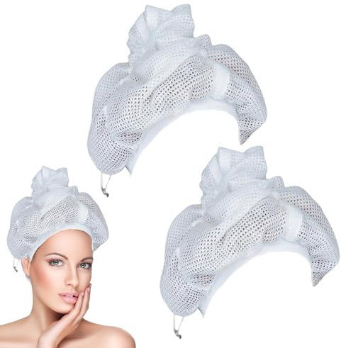 Vordpe 2 Stück Net Plopping Cap für Lockiges Haar, Net Plopping Cap for Drying Curly Hair, Trockenhauben für Haare mit Verstellbarem Kordelzug,Wiederverwendbare Haarhaube