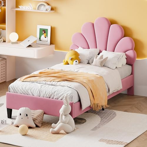 DRIXNO Polsterbett Kinderbett 90 x 200 cm, Bettgestell mit Kopfteil in Blumenform und Lattenrost, Teenie-Mädchenbett in hautfreundlichem Samtstoff, Gästebett (Farbe: Rosa)