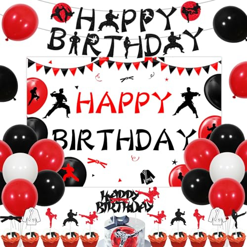 kreat4joy Karate Birthday Decorations, Taekwondo Birthday Party Decorations Backdrop Banner Cupcake Cake Toppers Balloons for Kids Boy Girl Sports Birthday Party