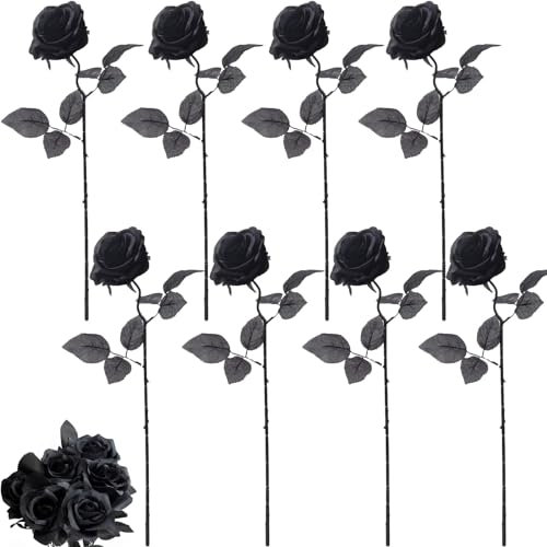 8 Pieces Black Roses, Black Roses Artificial Flowers, 39 Cm Realistic Single Long Stem Silk Black Flowers Fake Rose Bridal Bouquet for Wedding Home Party Arrangment Hotel Garden Decoration
